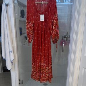 Anthropologie Red and Gold Long Sleeve Sundress